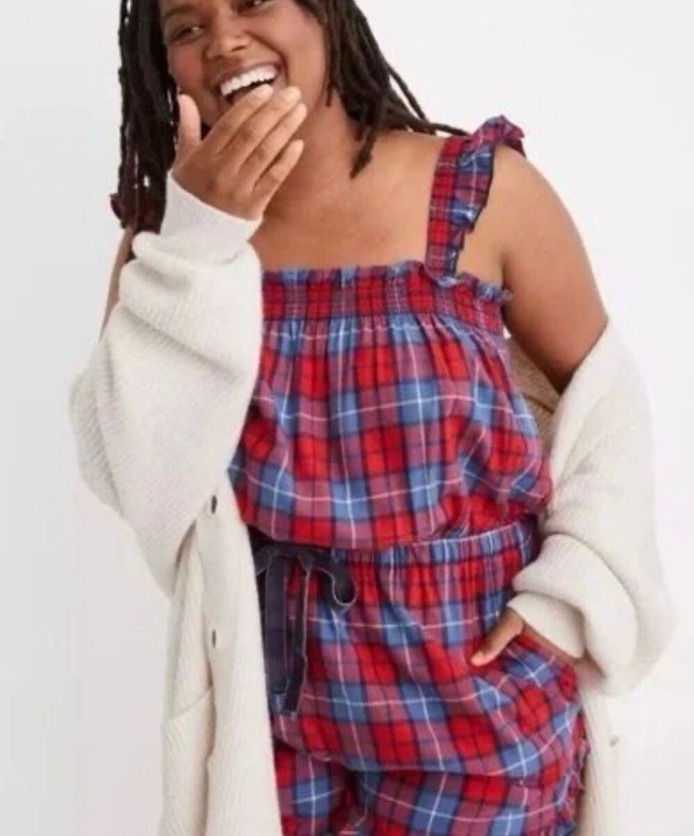 Aerie NWT Plaid Flannel Pajama Romper Sz Small